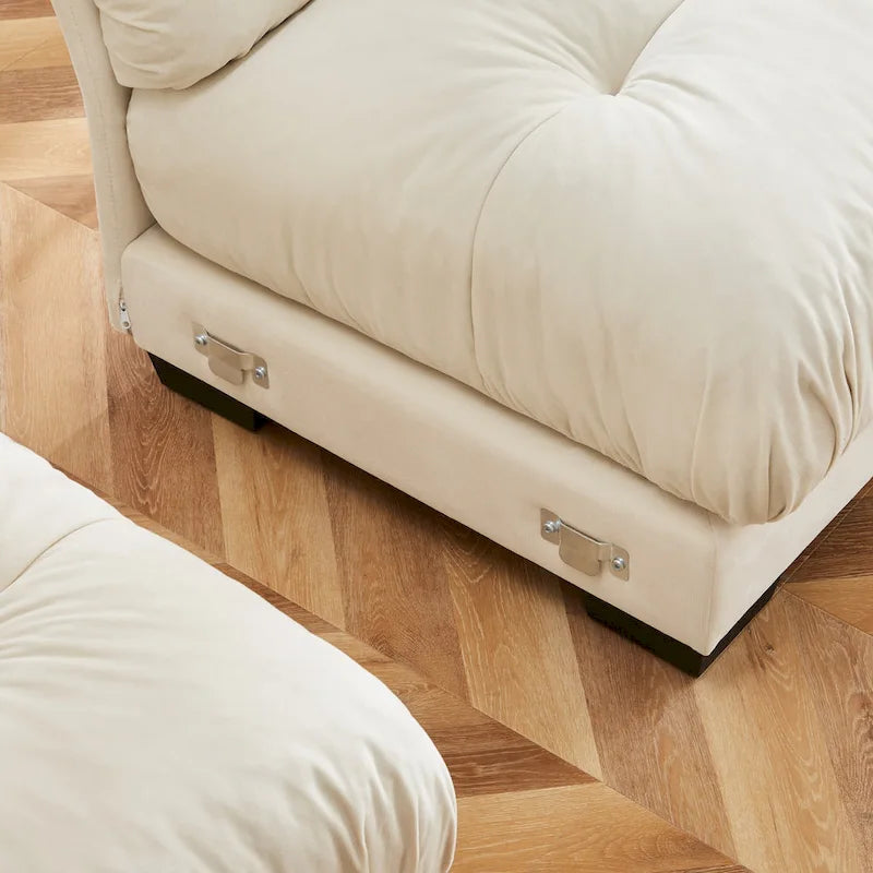Divano sezionale modulare vintage in velluto cammello / grigio / crema / blu / verde oliva con 2 pouf – 2+ posti
