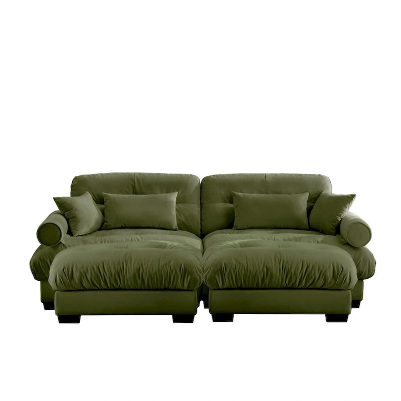 Divano sezionale modulare vintage in velluto cammello / grigio / crema / blu / verde oliva con 2 pouf – 2+ posti