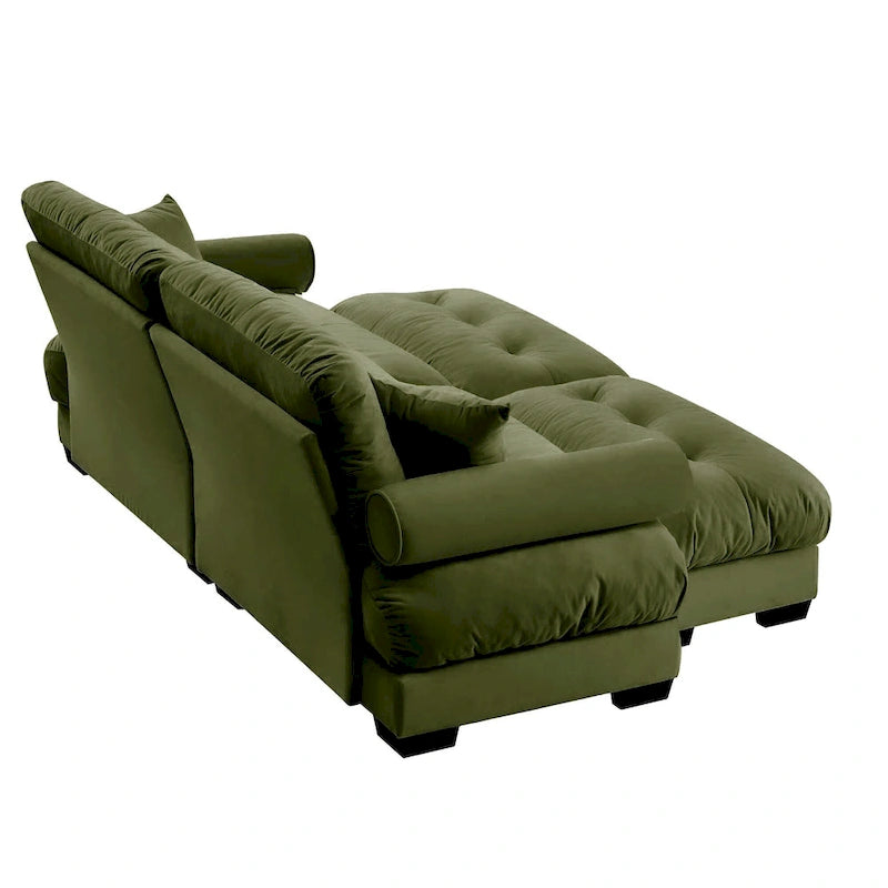 Divano sezionale modulare vintage in velluto cammello / grigio / crema / blu / verde oliva con 2 pouf – 2+ posti