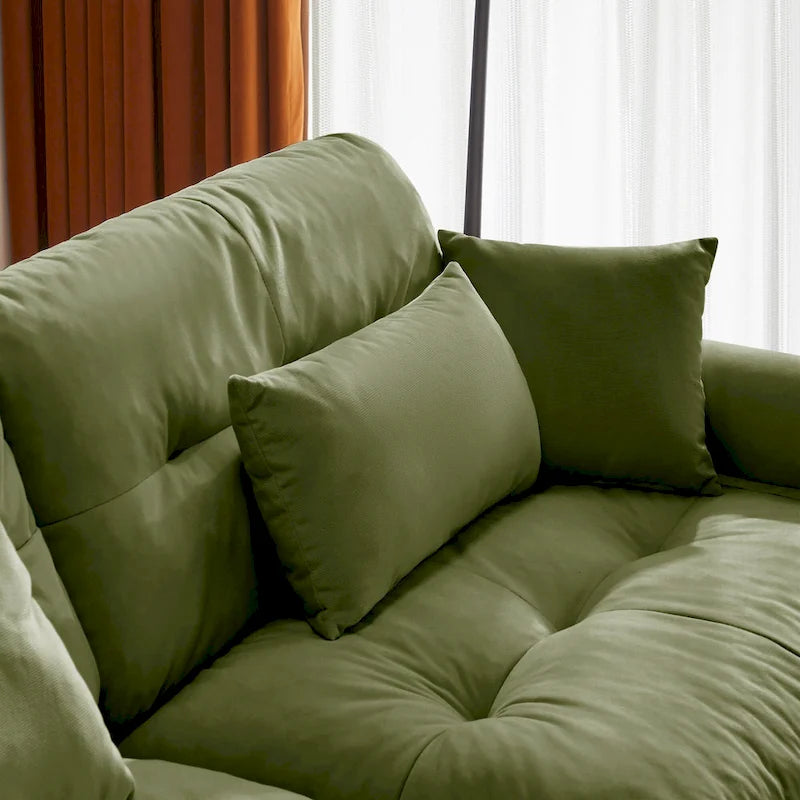 Divano sezionale modulare vintage in velluto cammello / grigio / crema / blu / verde oliva con 2 pouf – 2+ posti