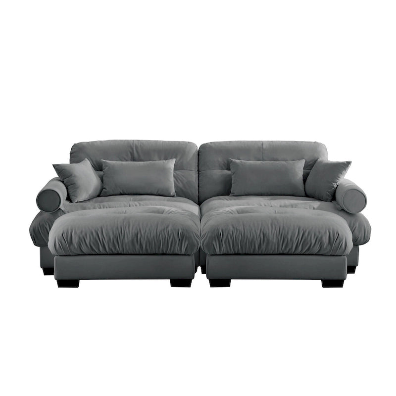 Divano sezionale modulare vintage in velluto cammello / grigio / crema / blu / verde oliva con 2 pouf – 2+ posti