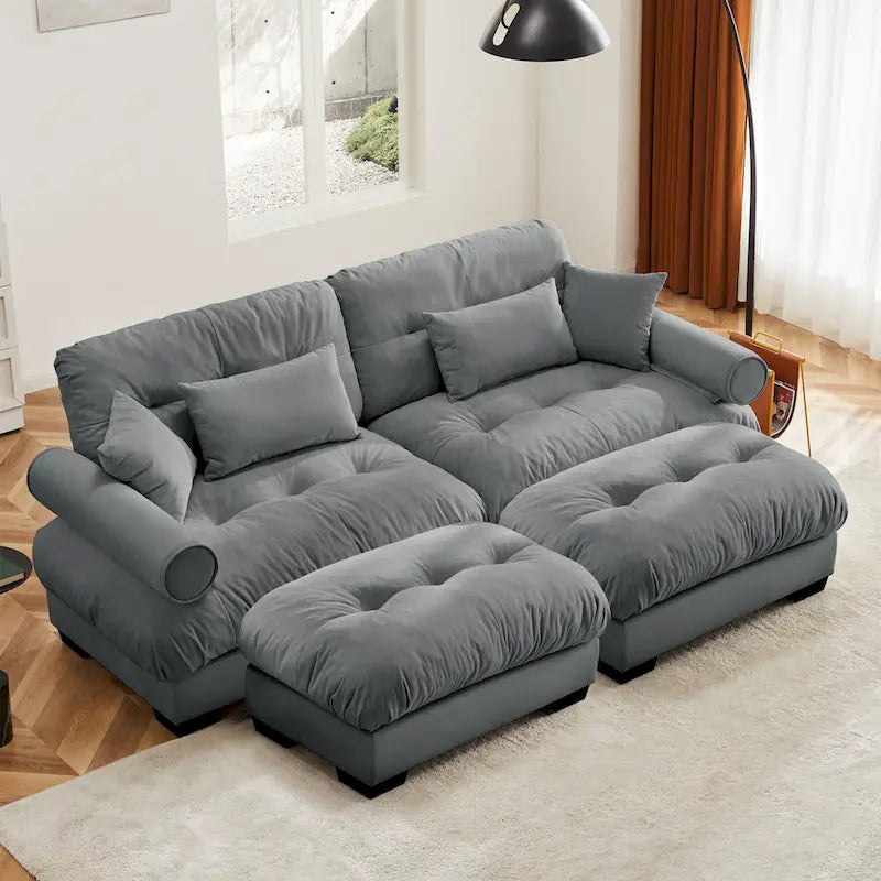 Divano sezionale modulare vintage in velluto cammello / grigio / crema / blu / verde oliva con 2 pouf – 2+ posti