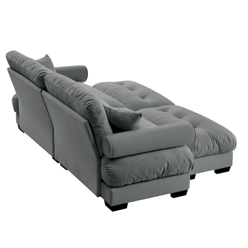 Divano sezionale modulare vintage in velluto cammello / grigio / crema / blu / verde oliva con 2 pouf – 2+ posti