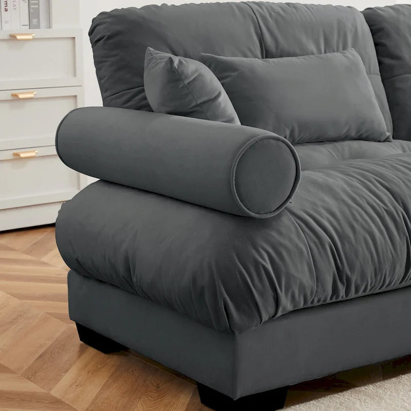 Divano sezionale modulare vintage in velluto cammello / grigio / crema / blu / verde oliva con 2 pouf – 2+ posti