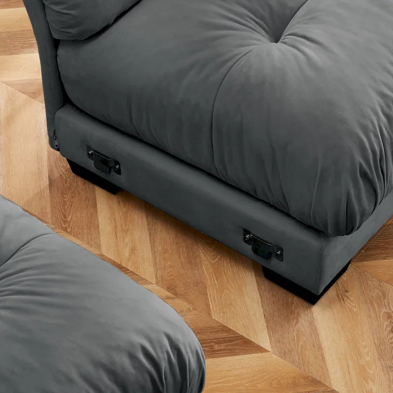 Divano sezionale modulare vintage in velluto cammello / grigio / crema / blu / verde oliva con 2 pouf – 2+ posti