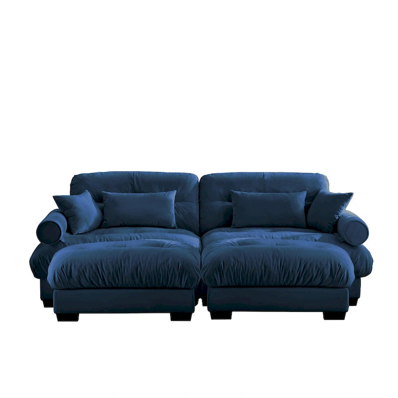 Divano sezionale modulare vintage in velluto cammello / grigio / crema / blu / verde oliva con 2 pouf – 2+ posti