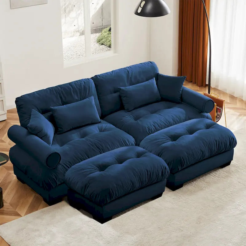 Divano sezionale modulare vintage in velluto cammello / grigio / crema / blu / verde oliva con 2 pouf – 2+ posti