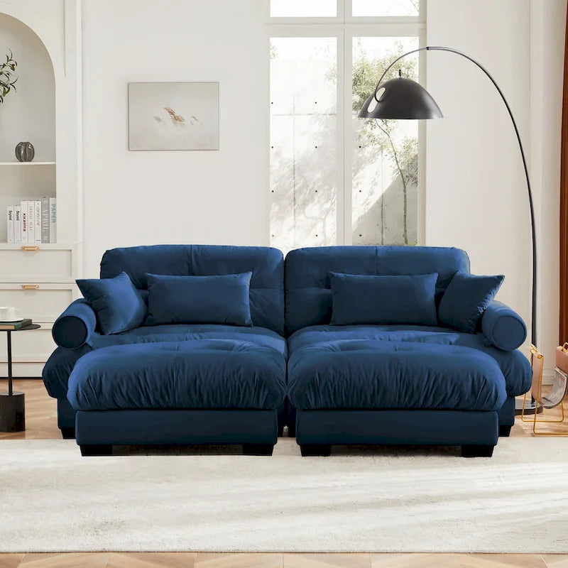 Divano sezionale modulare vintage in velluto cammello / grigio / crema / blu / verde oliva con 2 pouf – 2+ posti