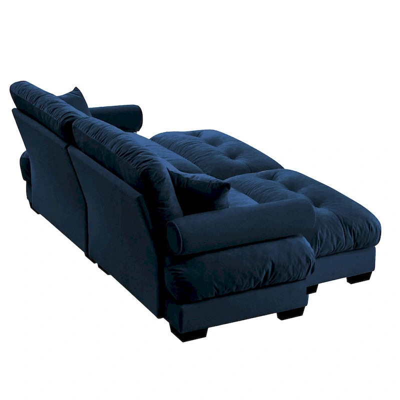 Divano sezionale modulare vintage in velluto cammello / grigio / crema / blu / verde oliva con 2 pouf – 2+ posti