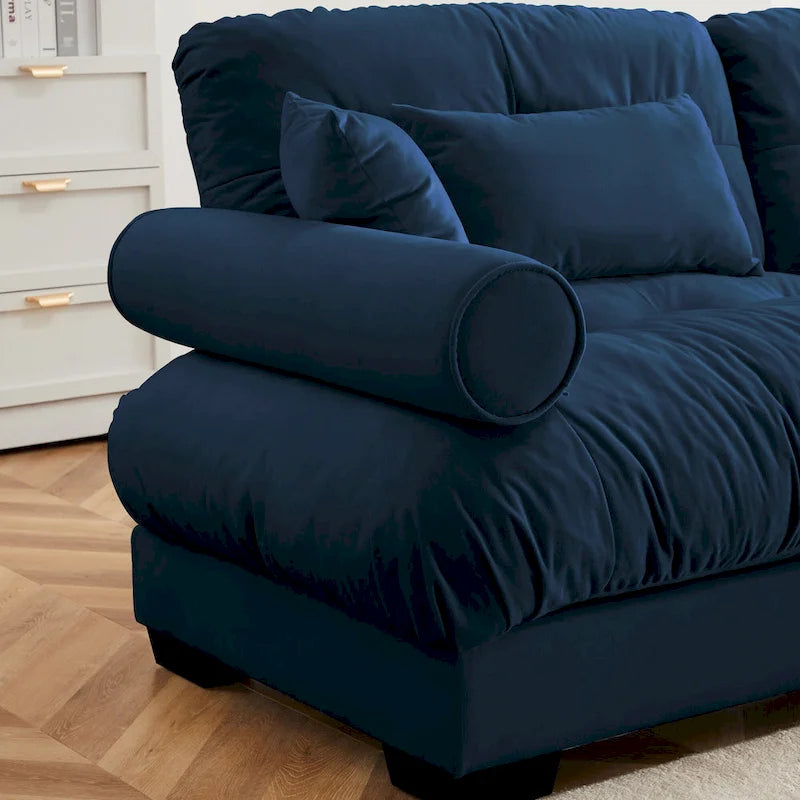 Divano sezionale modulare vintage in velluto cammello / grigio / crema / blu / verde oliva con 2 pouf – 2+ posti
