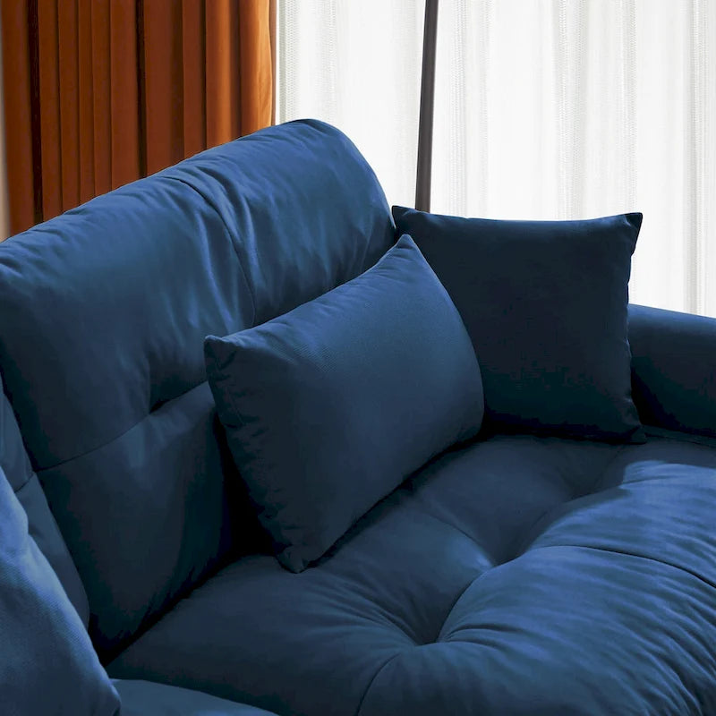 Divano sezionale modulare vintage in velluto cammello / grigio / crema / blu / verde oliva con 2 pouf – 2+ posti