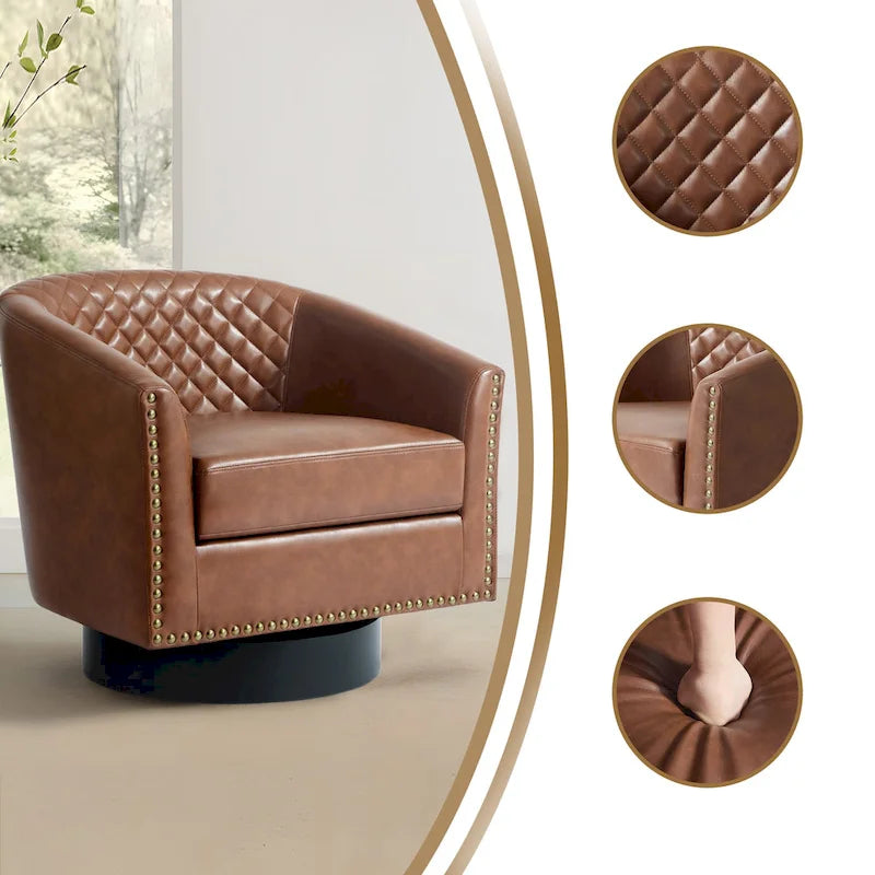 Set di 2 Poltrone Girevoli a Botte in Ecopelle con Borchie