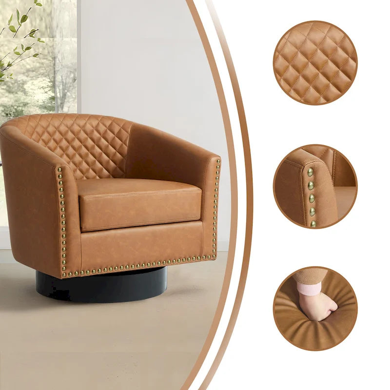 Set di 2 Poltrone Girevoli a Botte in Ecopelle con Borchie