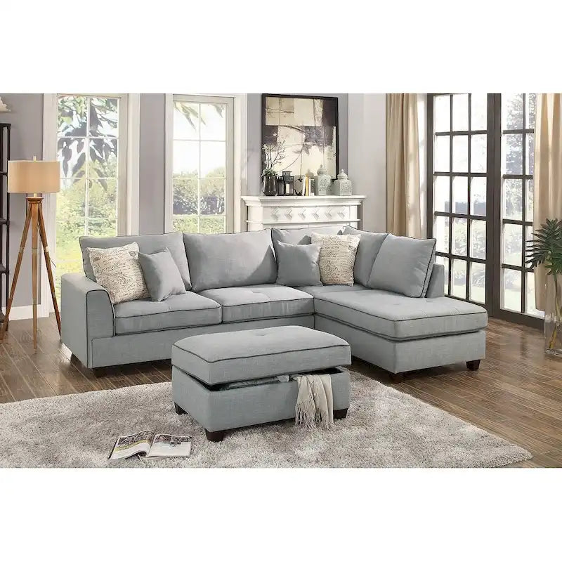 Divano Sezionale Reversibile in Tessuto Poliestere Grigio Chiaro con Pouf Contenitore, 3 Posti