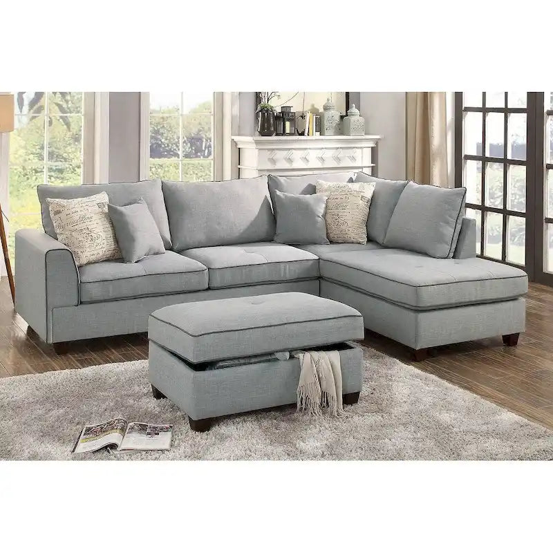 Divano Sezionale Reversibile in Tessuto Poliestere Grigio Chiaro con Pouf Contenitore, 3 Posti