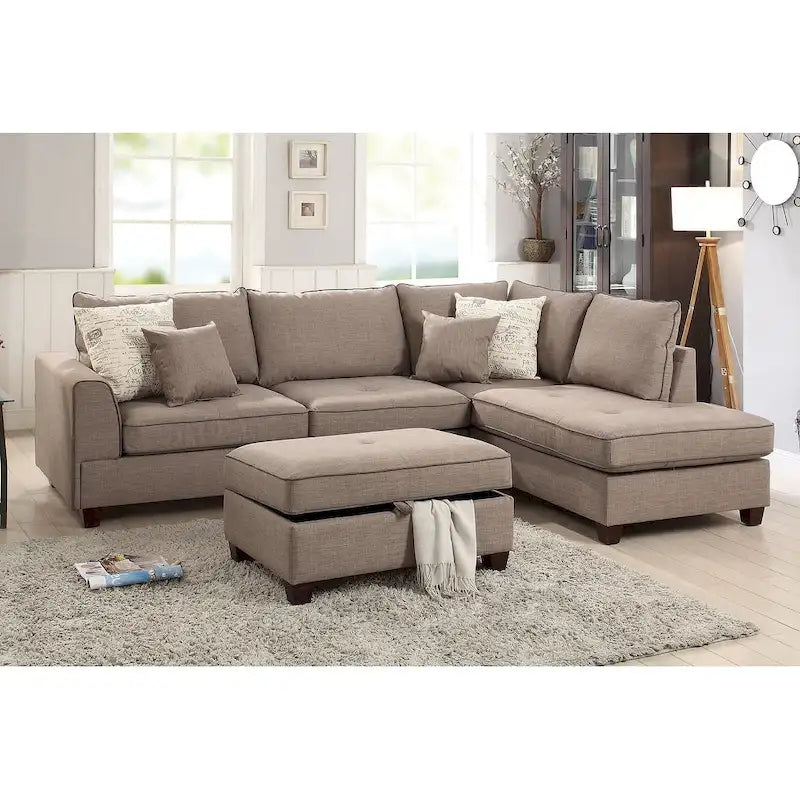 Divano Sezionale Reversibile in Tessuto Poliestere Grigio Chiaro con Pouf Contenitore, 3 Posti