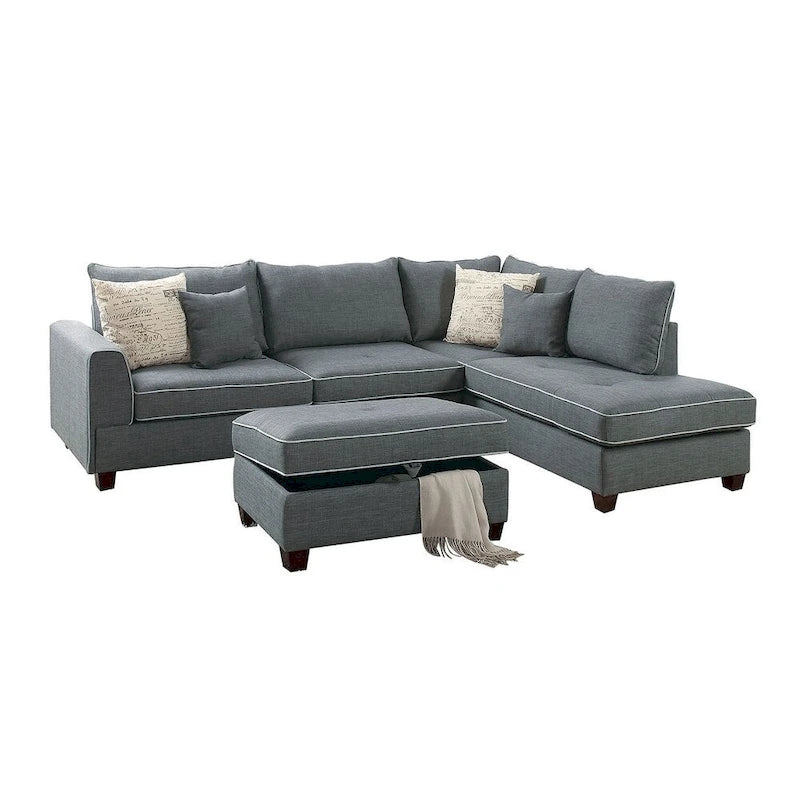Divano Sezionale Reversibile in Tessuto Poliestere Grigio Chiaro con Pouf Contenitore, 3 Posti