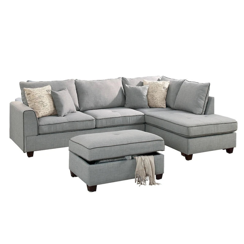Divano Sezionale Reversibile in Tessuto Poliestere Grigio Chiaro con Pouf Contenitore, 3 Posti