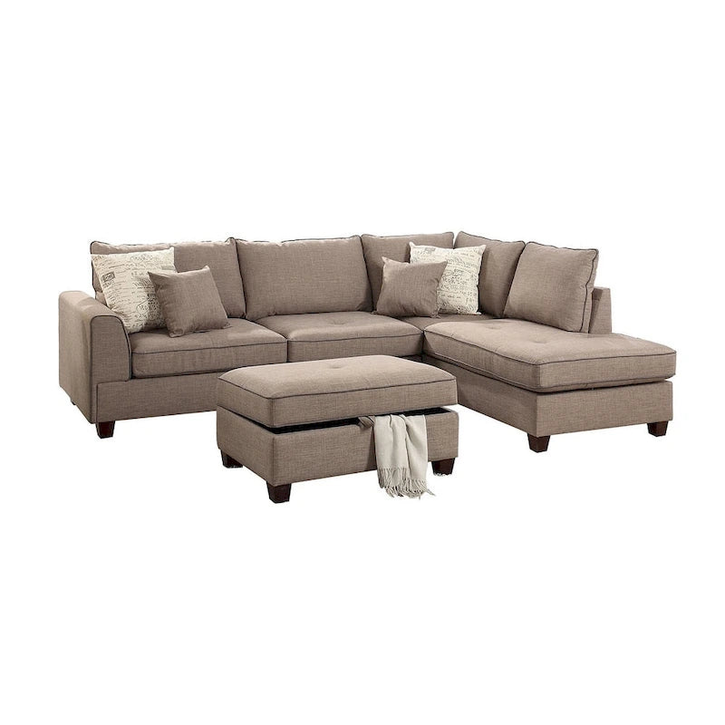 Divano Sezionale Reversibile in Tessuto Poliestere Grigio Chiaro con Pouf Contenitore, 3 Posti