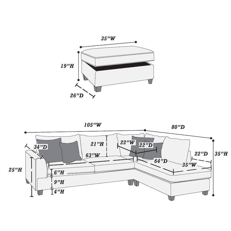 Divano Sezionale Reversibile in Tessuto Poliestere Grigio Chiaro con Pouf Contenitore, 3 Posti