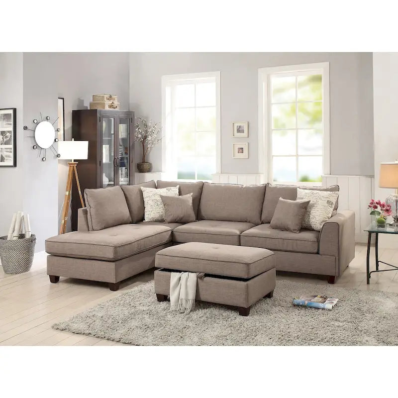 Divano Sezionale Reversibile in Tessuto Poliestere Grigio Chiaro con Pouf Contenitore, 3 Posti