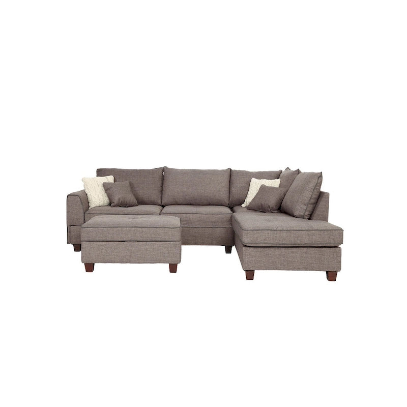 Divano Sezionale Reversibile in Tessuto Poliestere Grigio Chiaro con Pouf Contenitore, 3 Posti