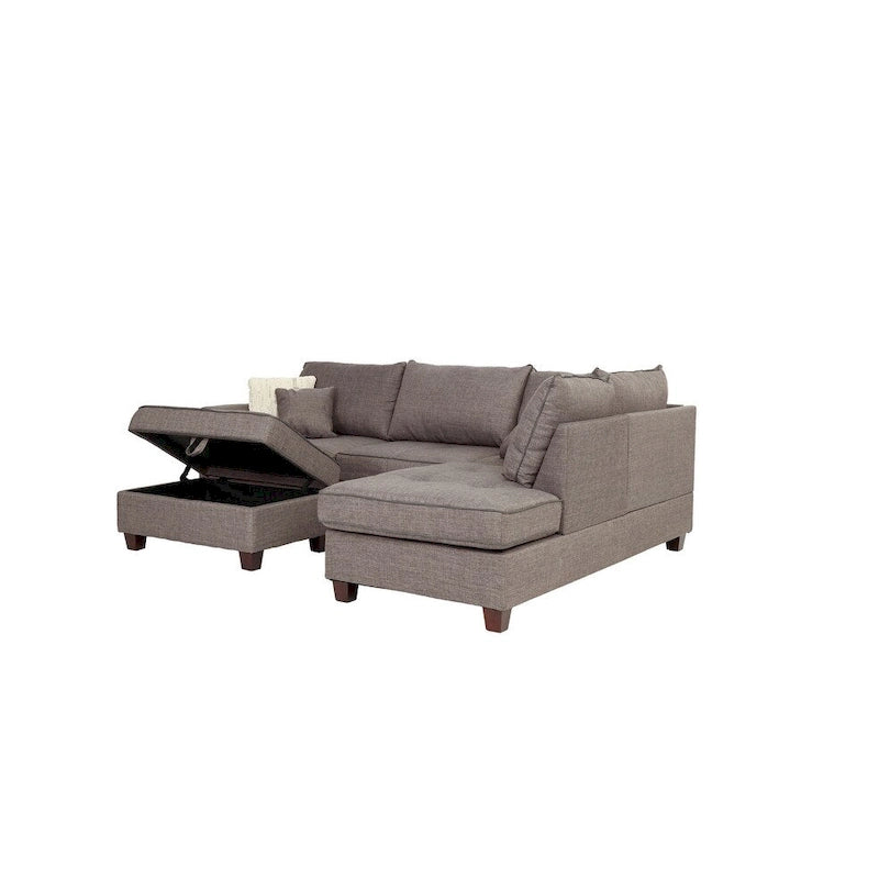 Divano Sezionale Reversibile in Tessuto Poliestere Grigio Chiaro con Pouf Contenitore, 3 Posti