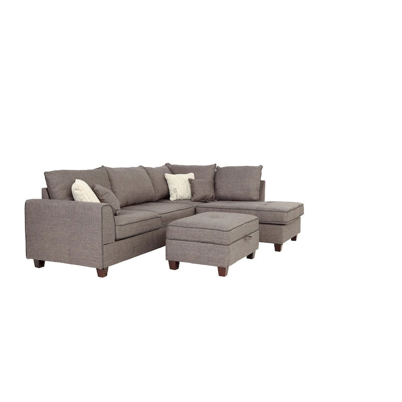 Divano Sezionale Reversibile in Tessuto Poliestere Grigio Chiaro con Pouf Contenitore, 3 Posti