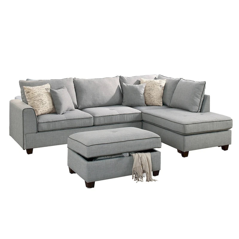 Divano Sezionale Reversibile in Tessuto Poliestere Grigio Chiaro con Pouf Contenitore, 3 Posti