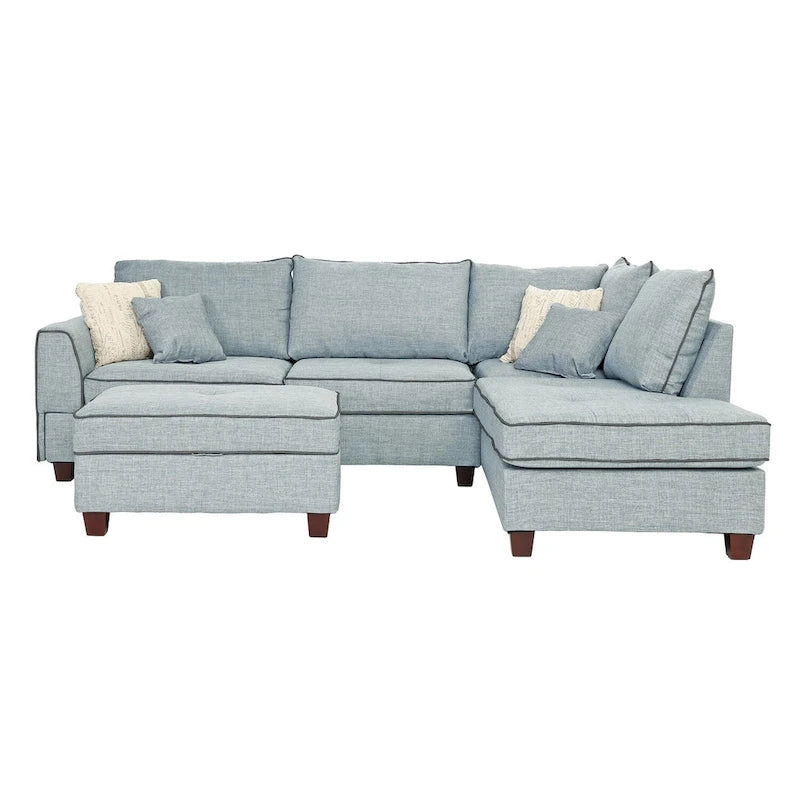 Divano Sezionale Reversibile in Tessuto Poliestere Grigio Chiaro con Pouf Contenitore, 3 Posti