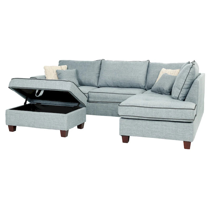 Divano Sezionale Reversibile in Tessuto Poliestere Grigio Chiaro con Pouf Contenitore, 3 Posti