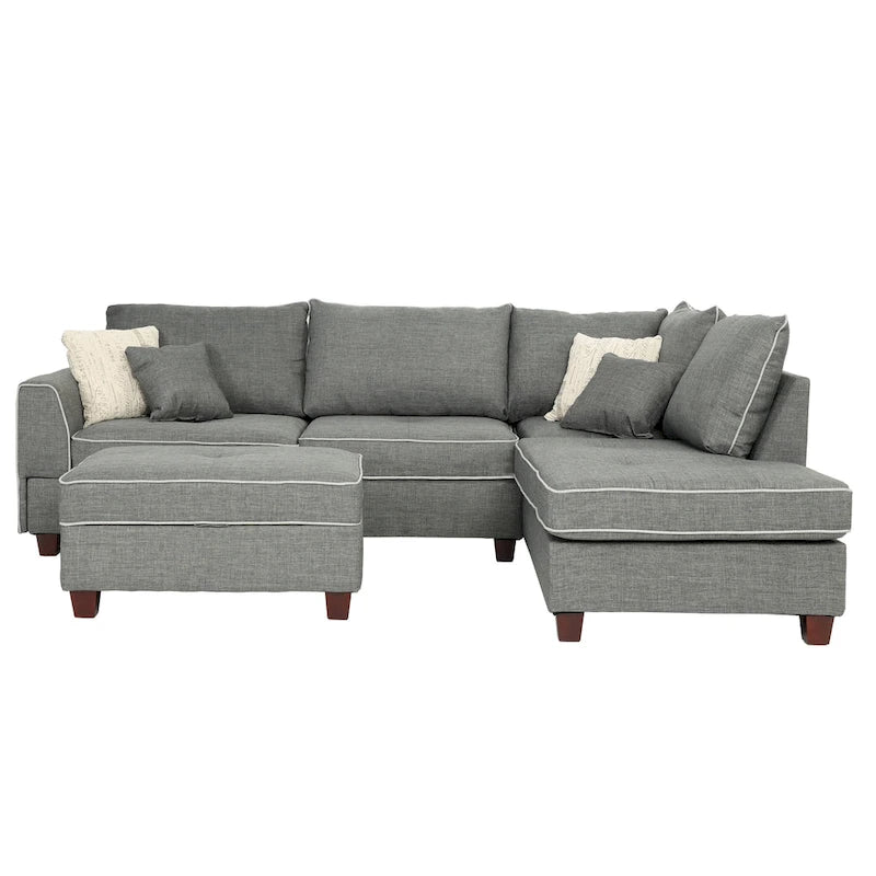 Divano Sezionale Reversibile in Tessuto Poliestere Grigio Chiaro con Pouf Contenitore, 3 Posti