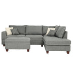Divano Sezionale Reversibile in Tessuto Poliestere Grigio Chiaro con Pouf Contenitore, 3 Posti