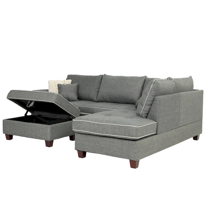 Divano Sezionale Reversibile in Tessuto Poliestere Grigio Chiaro con Pouf Contenitore, 3 Posti