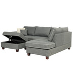 Divano Sezionale Reversibile in Tessuto Poliestere Grigio Chiaro con Pouf Contenitore, 3 Posti