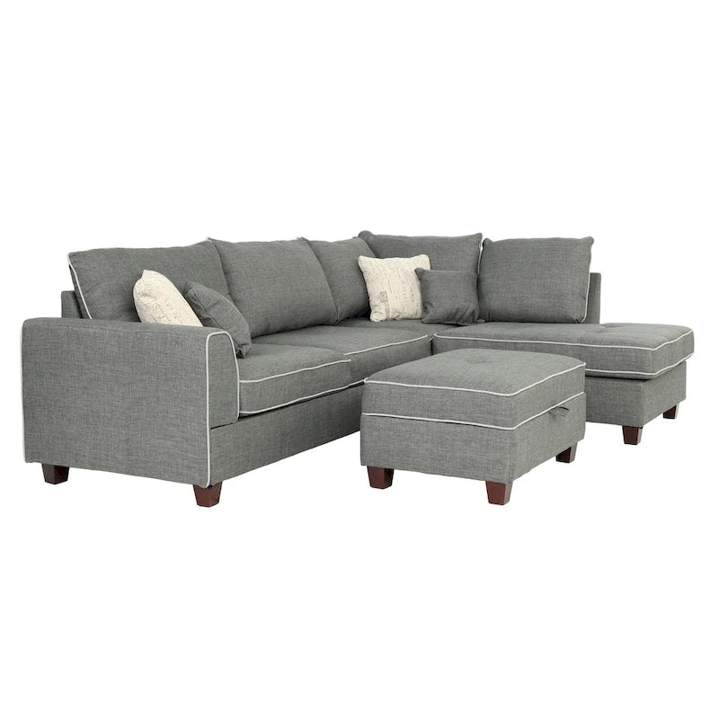 Divano Sezionale Reversibile in Tessuto Poliestere Grigio Chiaro con Pouf Contenitore, 3 Posti