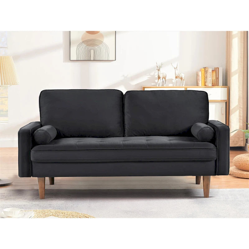 Divanetto trapuntato in velluto nero/verde oliva/blu verdastro/arancione, stile metà secolo, 2 posti