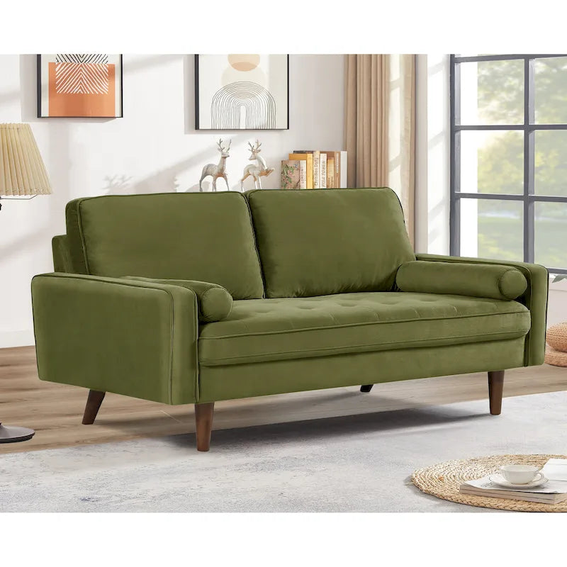 Divanetto trapuntato in velluto nero/verde oliva/blu verdastro/arancione, stile metà secolo, 2 posti