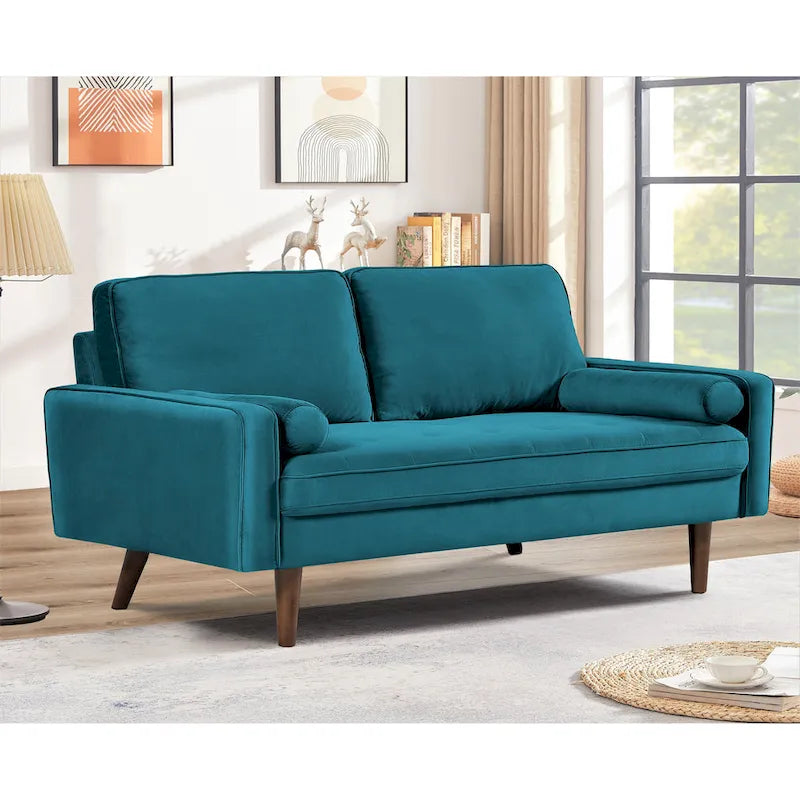 Divanetto trapuntato in velluto nero/verde oliva/blu verdastro/arancione, stile metà secolo, 2 posti