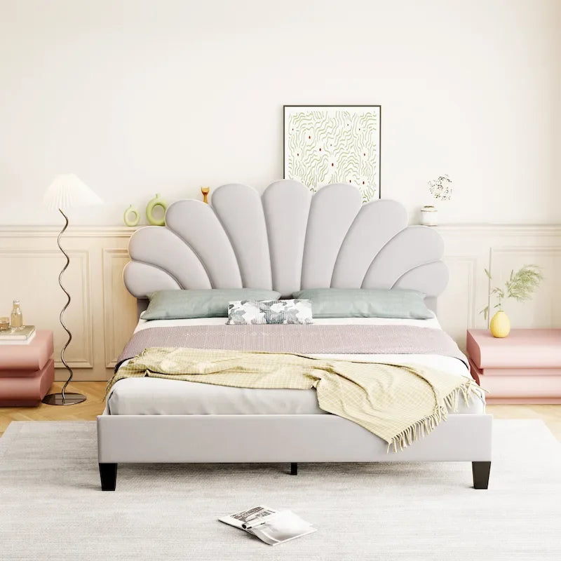 Letto a piattaforma con motivo floreale velluto rosso pasta di fagioli/beige, singolo