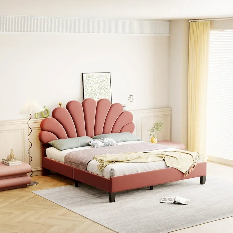 Letto a piattaforma con motivo floreale velluto rosso pasta di fagioli/beige, singolo