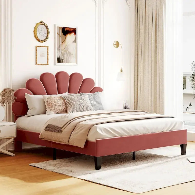 Letto a piattaforma con motivo floreale velluto rosso pasta di fagioli/beige, singolo