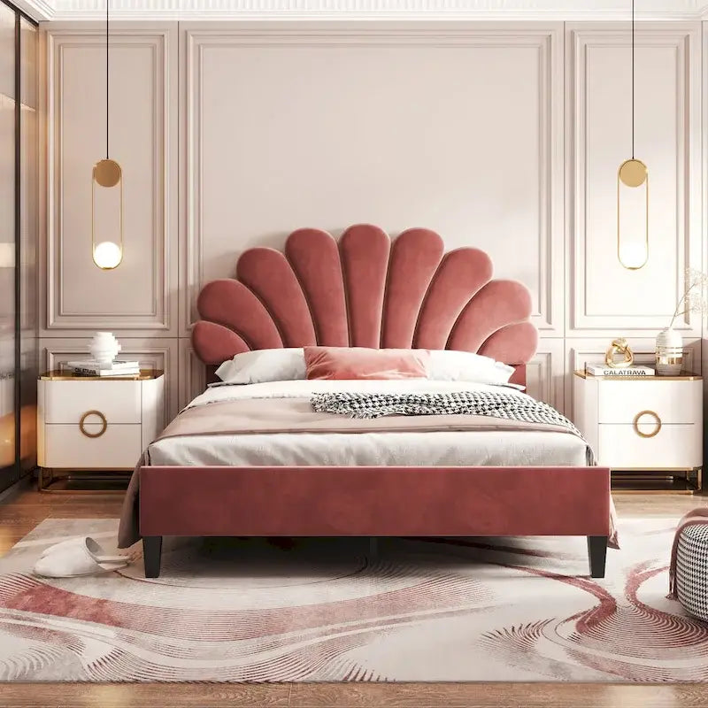 Letto a piattaforma con motivo floreale velluto rosso pasta di fagioli/beige, singolo