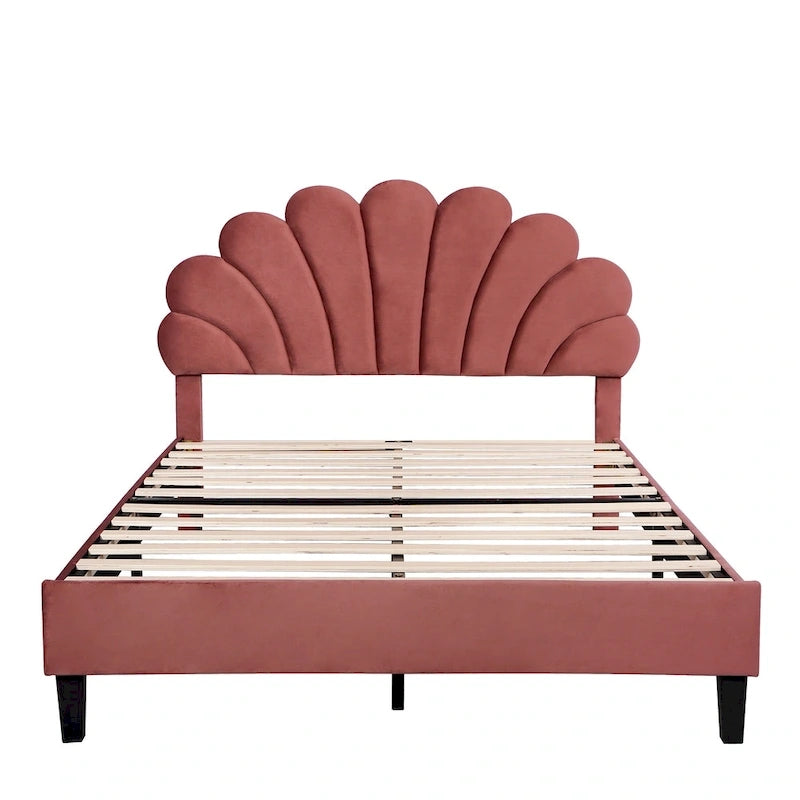 Letto a piattaforma con motivo floreale velluto rosso pasta di fagioli/beige, singolo