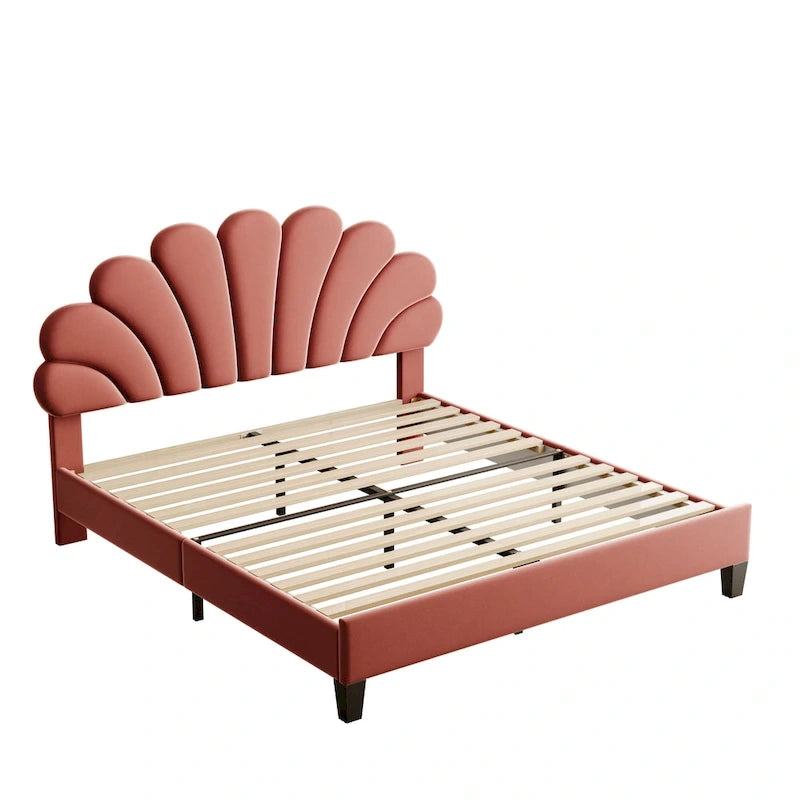Letto a piattaforma con motivo floreale velluto rosso pasta di fagioli/beige, singolo