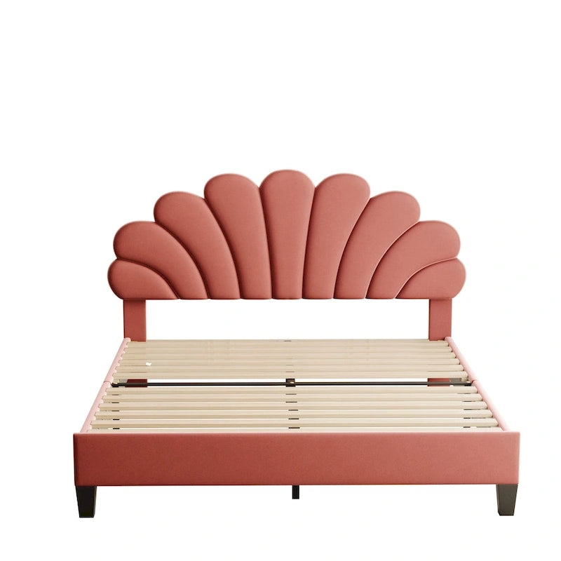 Letto a piattaforma con motivo floreale velluto rosso pasta di fagioli/beige, singolo