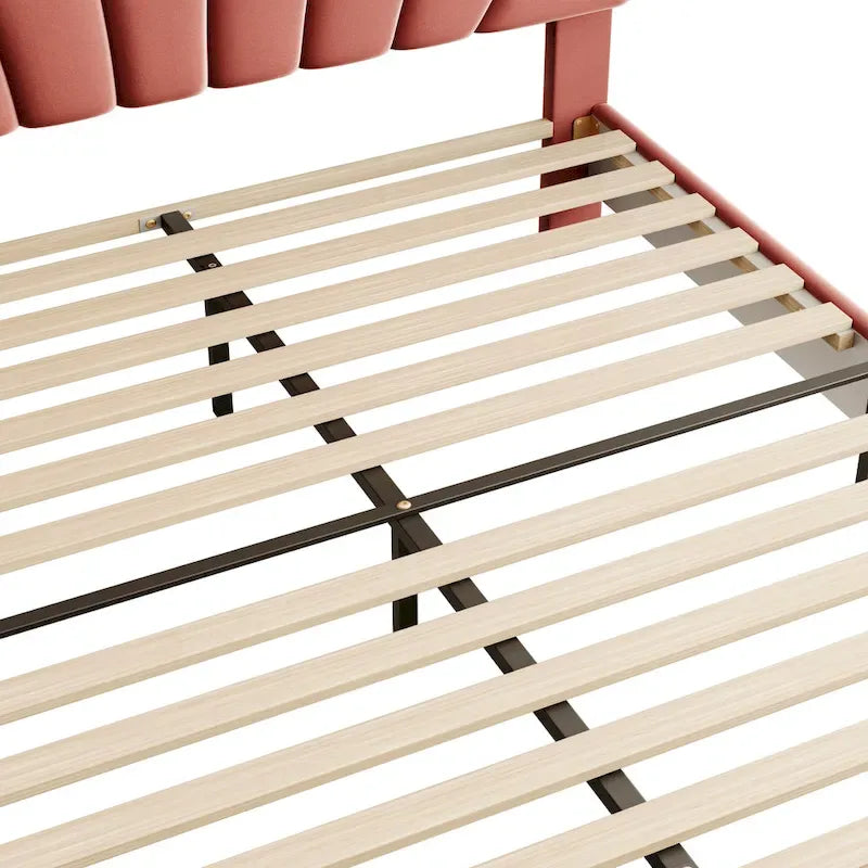 Letto a piattaforma con motivo floreale velluto rosso pasta di fagioli/beige, singolo
