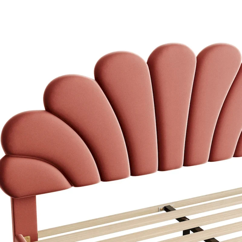Letto a piattaforma con motivo floreale velluto rosso pasta di fagioli/beige, singolo