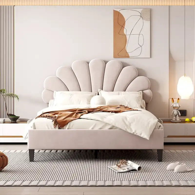 Letto a piattaforma con motivo floreale velluto rosso pasta di fagioli/beige, singolo