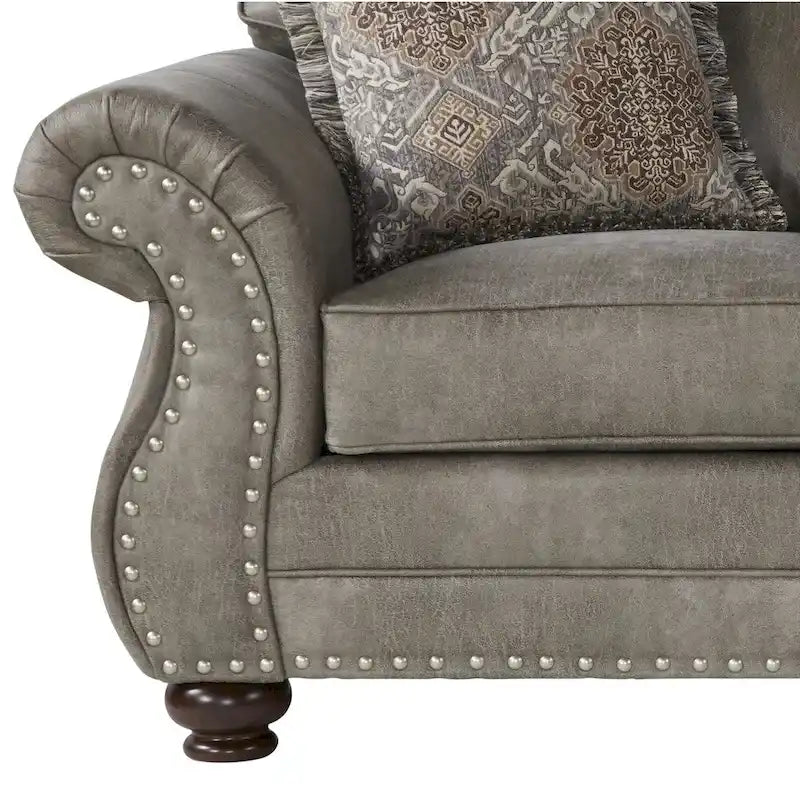 Divanetto per 2 in finta pelle grigia con borchie decorative